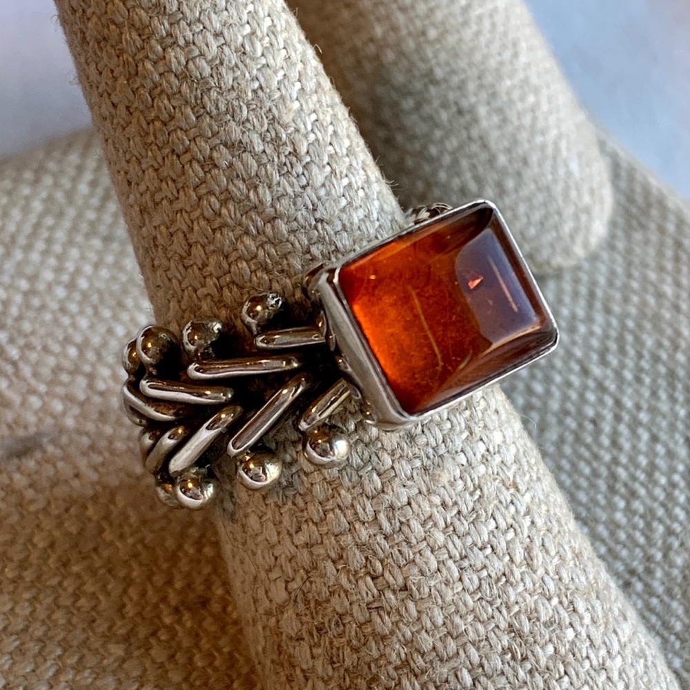 Vintage Silver Flexible Link Ring Amber size 7.5